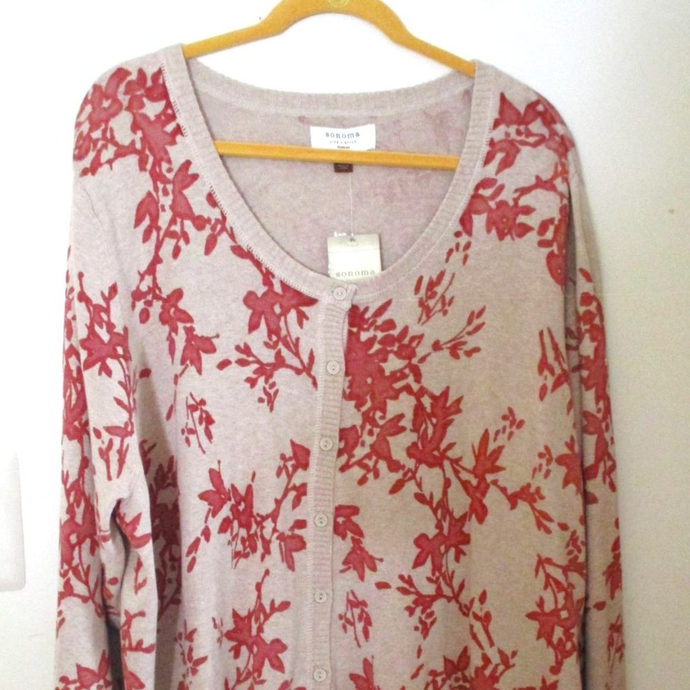 NWT! Sonoma Womens Plus Size Button Front Cardigan, Beige & Rust Floral, Size 3X